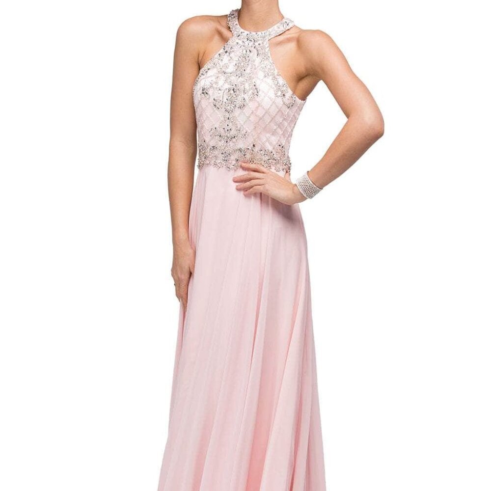Dancing Queen 9591 - Beaded High Halter Prom Gown w shawl